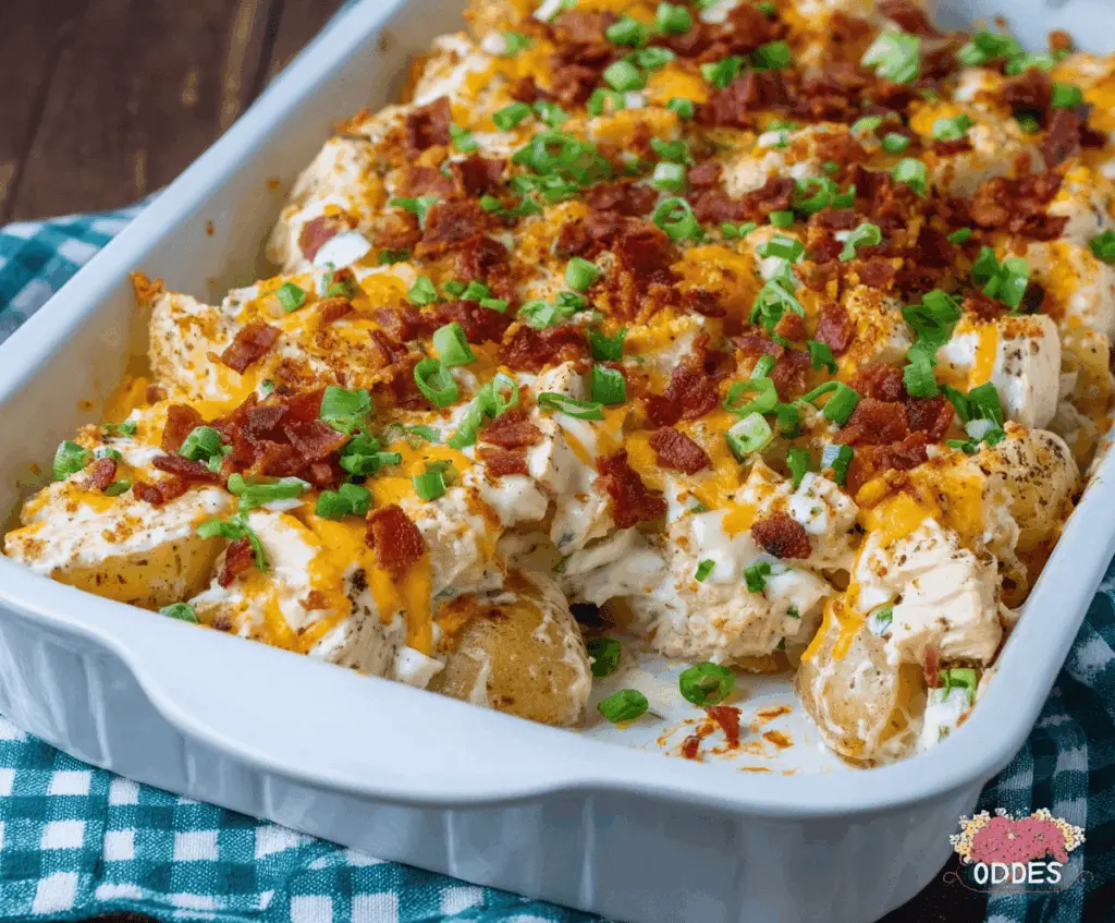 Creamy Loaded Potato Ranch Chicken Casserole topped with cheese, bacon, green onions, and sour cream served in a baking dish.