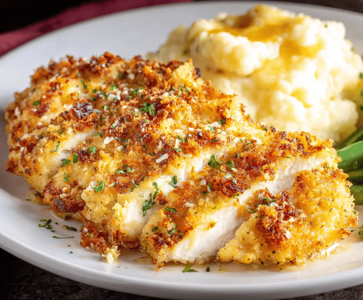 Juicy Parmesan Chicken served at Longhorn Steakhouse, topped with melted cheese and fresh herbs, on a plate with sides.