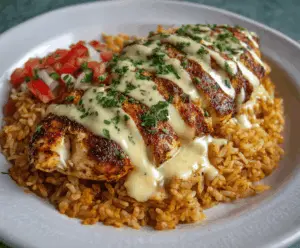 Creamy Mexican chicken topped with rich cheese sauce, served with fresh cilantro and lime wedges on a vibrant plate.