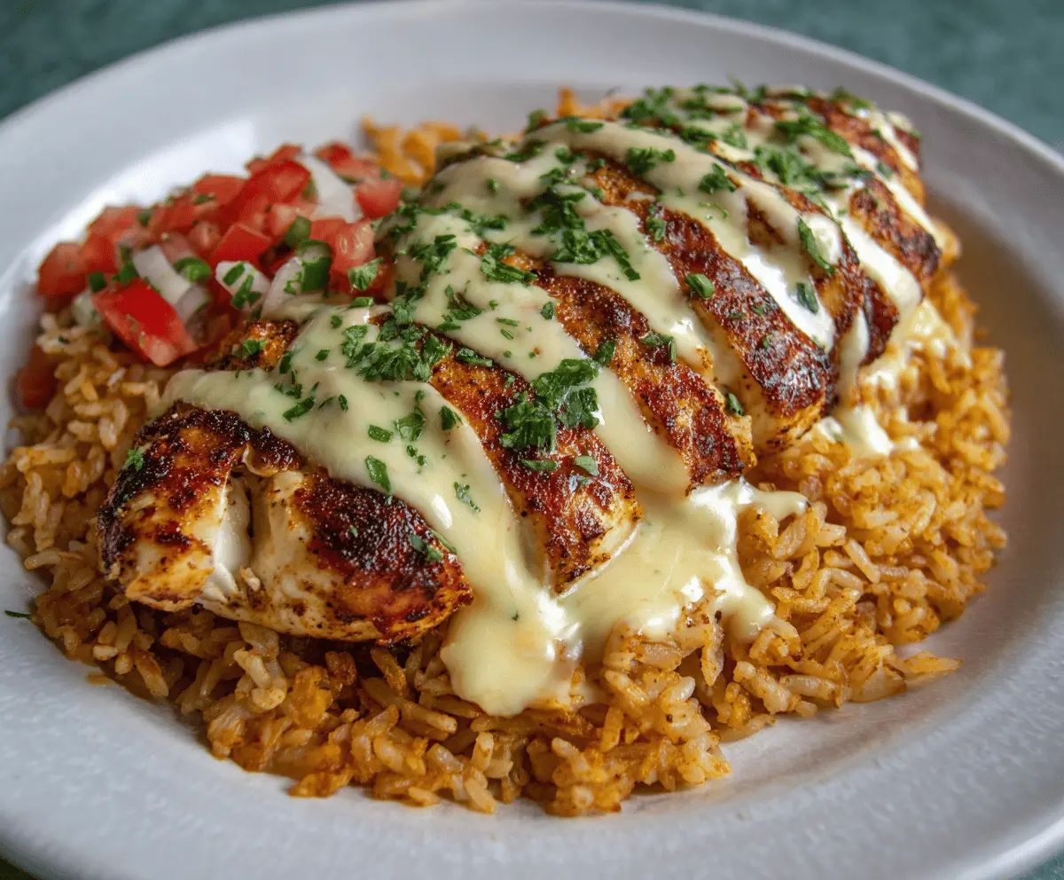 Creamy Mexican chicken topped with rich cheese sauce, served with fresh cilantro and lime wedges on a vibrant plate.