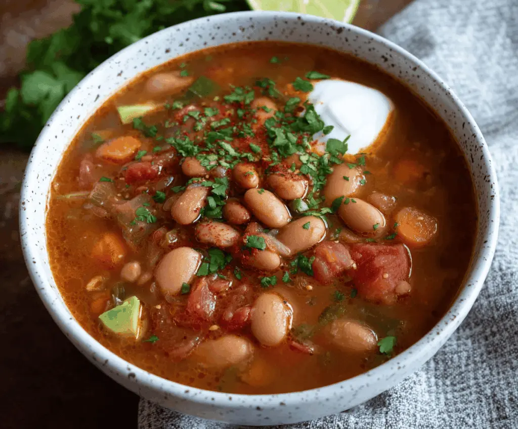 A bowl of flavorful Mexican Pinto Bean Soup garnished with fresh cilantro, served with lime wedges and tortilla chips on a rustic wooden table.