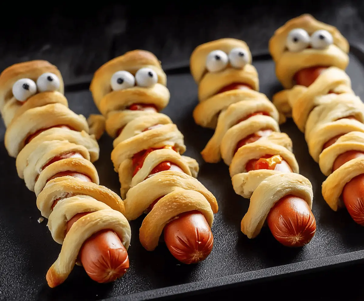 A plate of spooky Mummy Hot Dogs wrapped in crescent dough with googly eyes, perfect for Halloween parties.