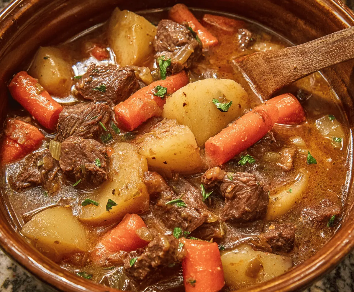 Hearty Old Fashioned Beef Stew with tender beef chunks, vegetables, and rich broth served in a rustic bowl.