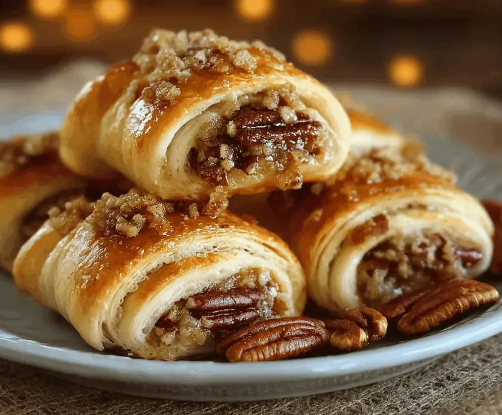 Delicious Pecan Pie Crescent Rolls topped with caramelized pecans and golden pastry, perfect for a sweet dessert or snack.