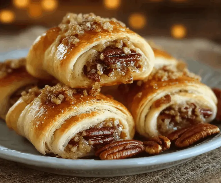 Delicious Pecan Pie Crescent Rolls topped with caramelized pecans and golden pastry, perfect for a sweet dessert or snack.