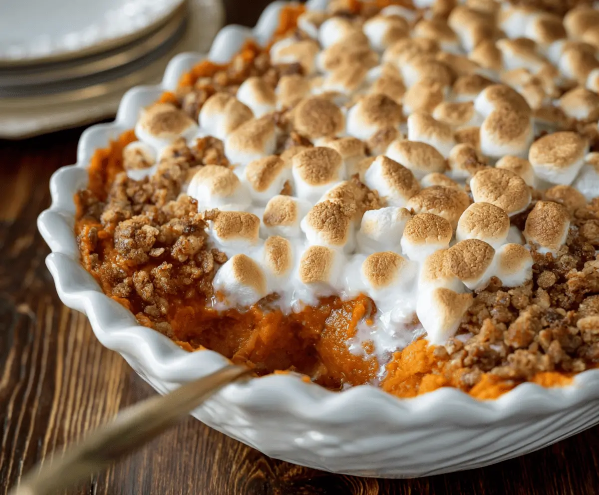 Delicious sweet potato casserole topped with marshmallows, perfect for Thanksgiving dinner