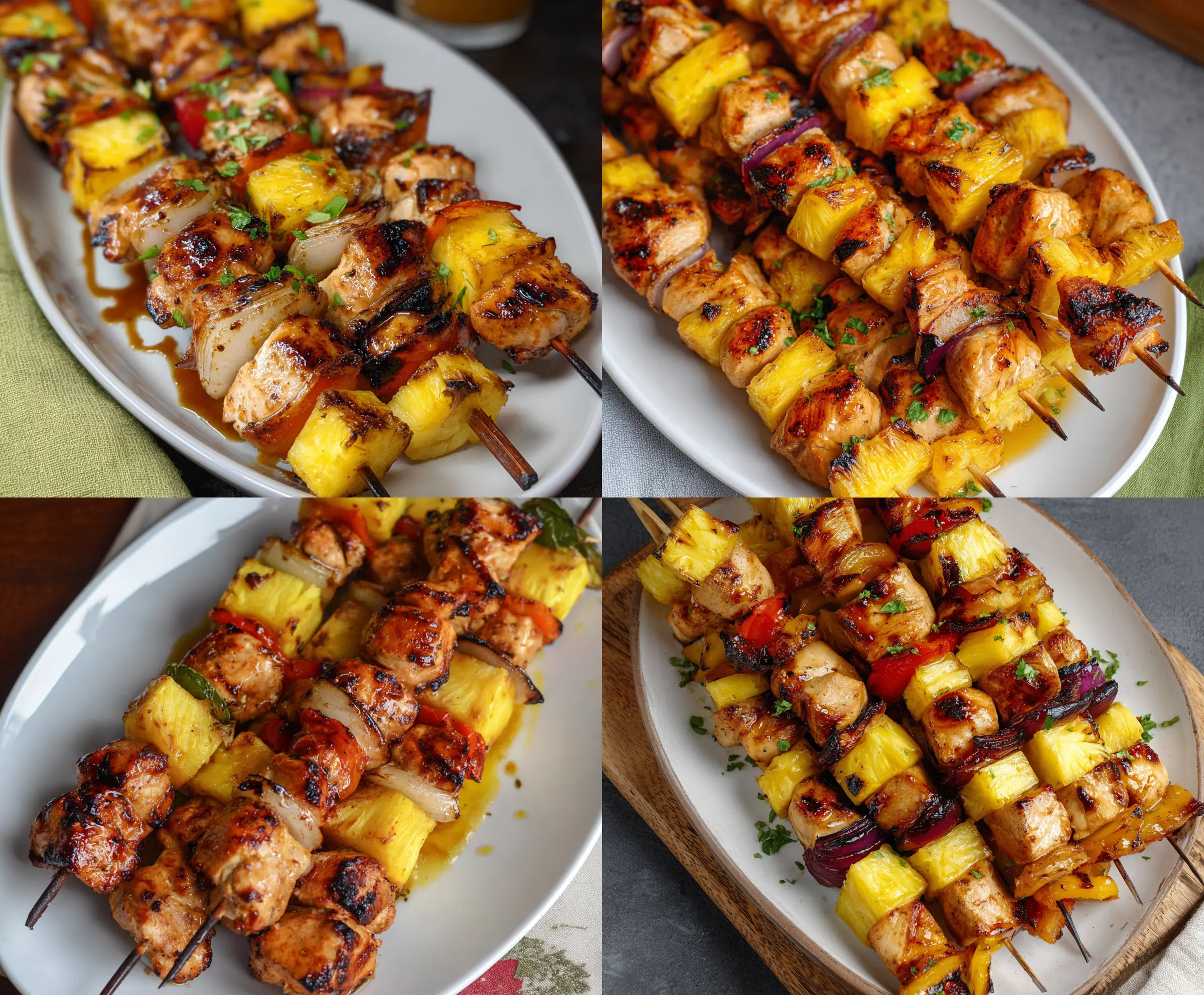 Juicy pineapple and tender chicken chunks on skewers for Pineapple Chicken Kabobs.