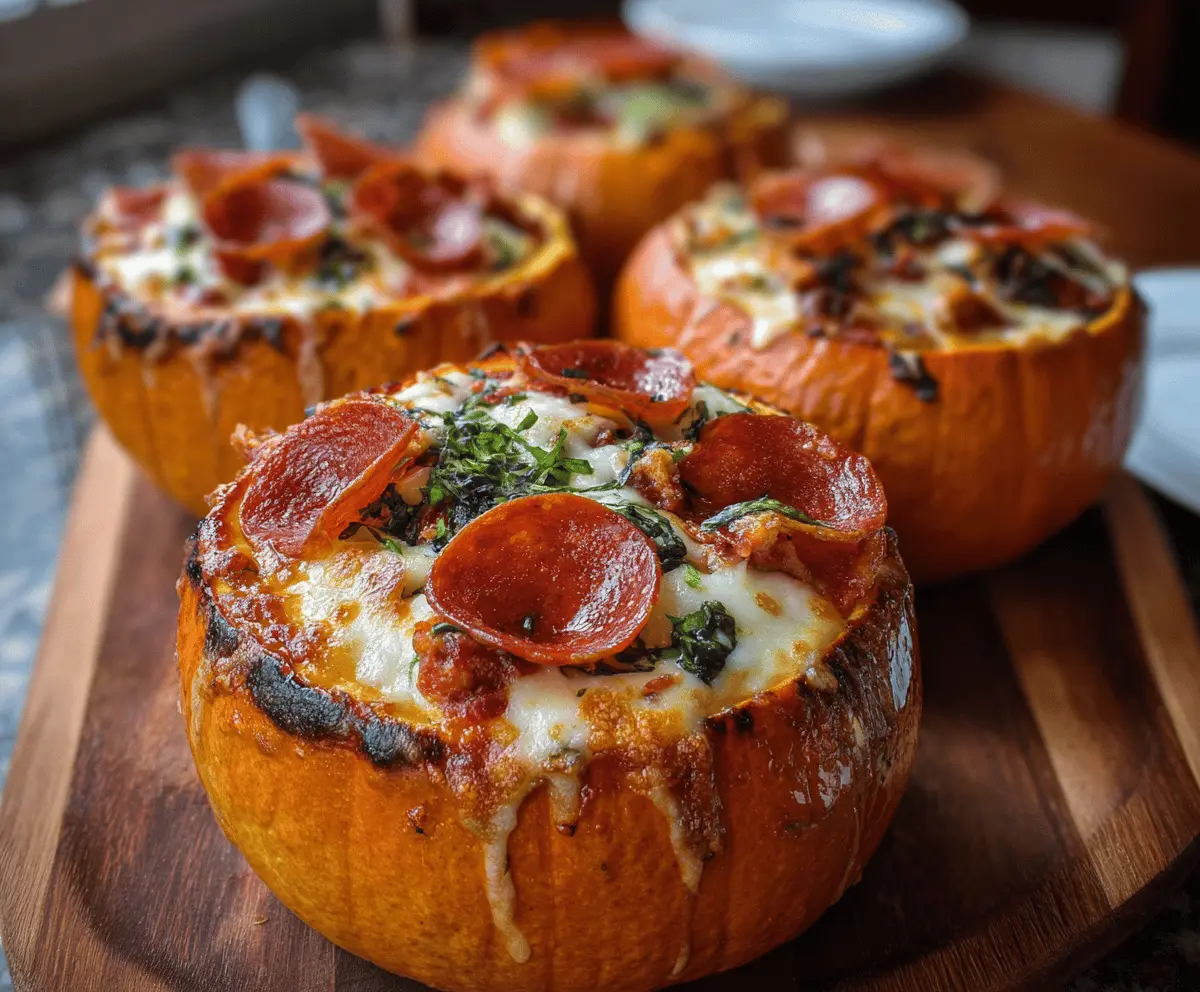 Delicious pumpkin halves stuffed with cheesy pepperoni pizza filling, perfect for a festive fall appetizer or main dish.