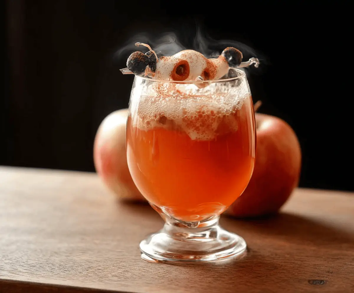 A spooky Halloween-inspired glass of poisoned apple cider garnished with apple slices and cinnamon sticks, perfect for festive fall celebrations.