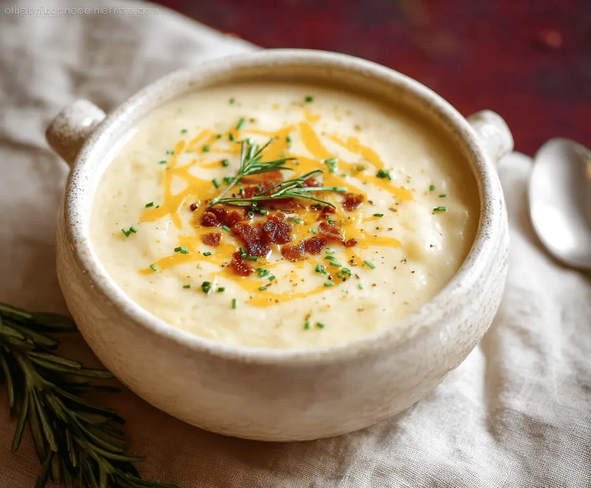 Creamy potato soup in a bowl topped with fresh herbs and served with crusty bread on a rustic wooden table.