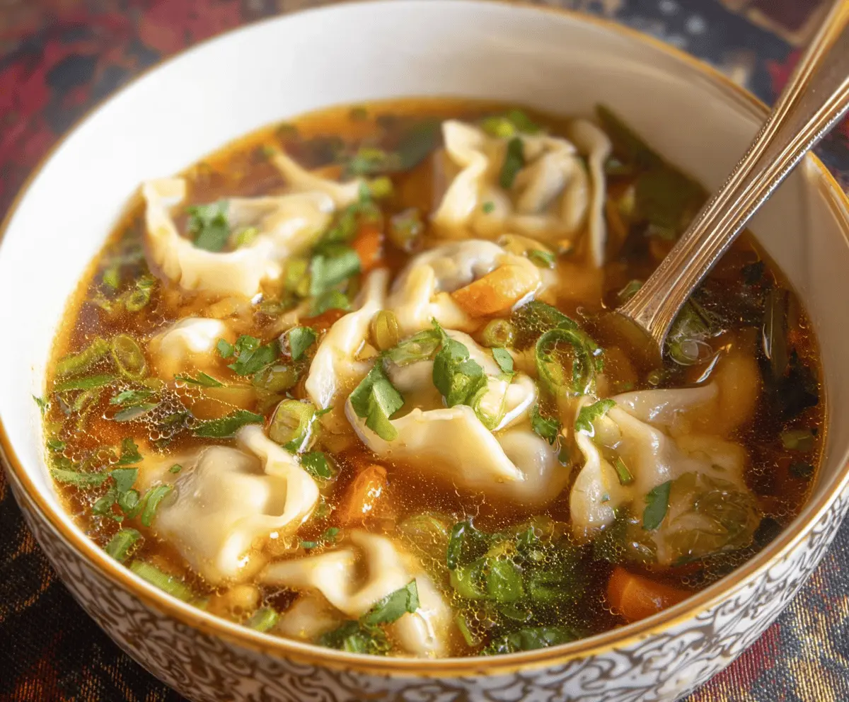 Delicious potsticker soup with tender dumplings, fresh vegetables, and flavorful broth in a bowl ready to serve