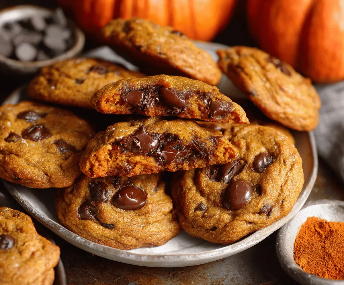 Delicious homemade pumpkin chocolate chip cookies with chocolate chunks and a soft, moist texture perfect for fall treats.
