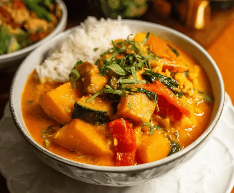A delicious bowl of homemade pumpkin curry garnished with fresh herbs and served with rice on a rustic wooden table.