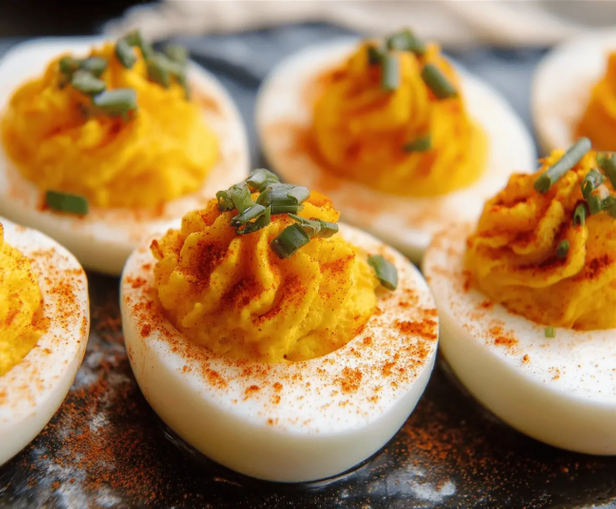 Decorative Pumpkin Patch Deviled Eggs topped with colorful toppings, perfect for fall parties and Halloween celebrations