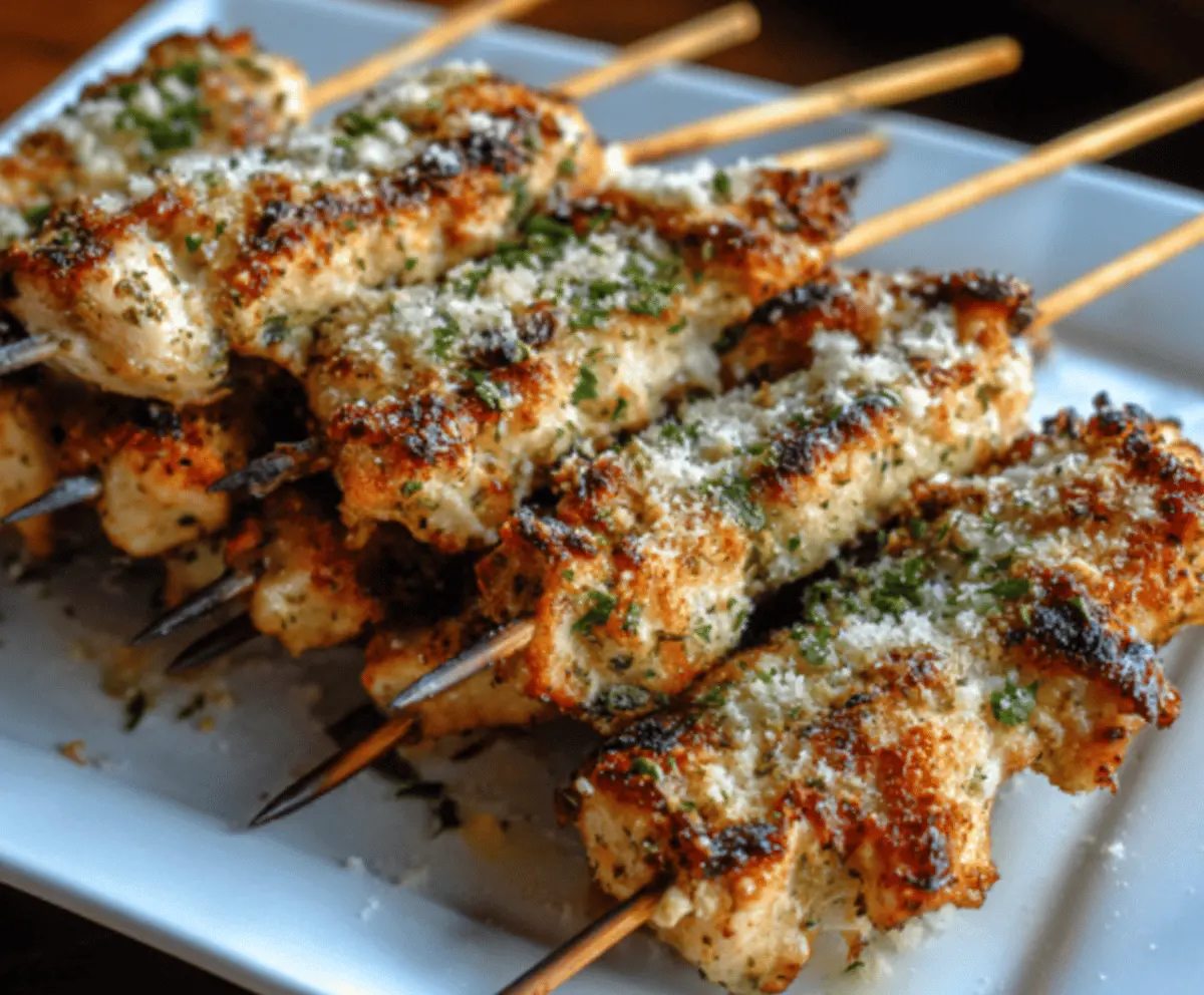Juicy grilled Ranch Garlic Parmesan Chicken Skewers with herbs and melted cheese on a serving platter