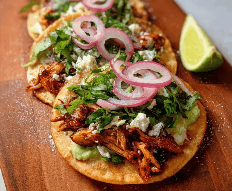 Delicious rotisserie chicken tostadas topped with fresh lettuce, shredded cheese, and salsa on crispy tortillas.