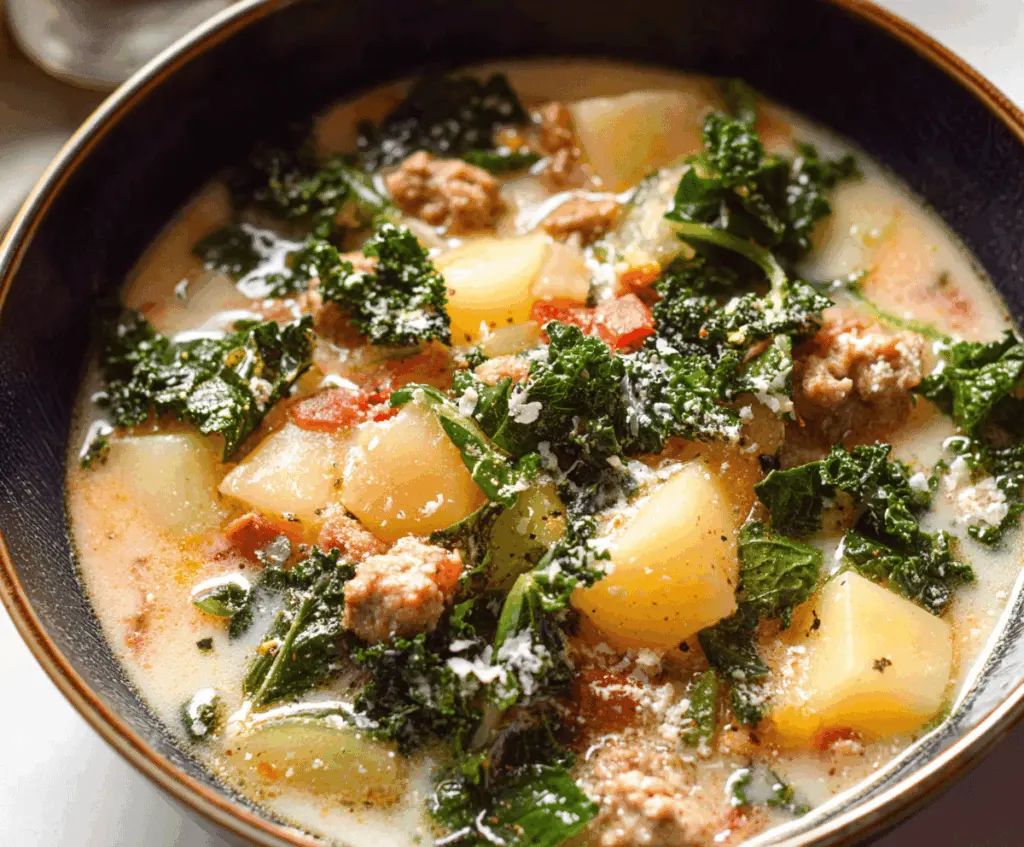 A bowl of hearty sausage, potato, and kale soup garnished with fresh herbs, showcasing a comforting and colorful homemade recipe.