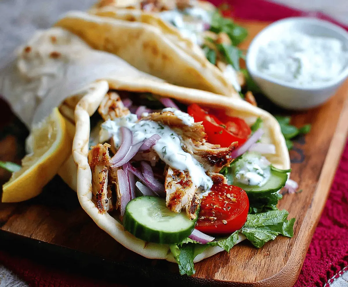 Delicious slow cooker chicken gyros served with fresh vegetables and pita bread.