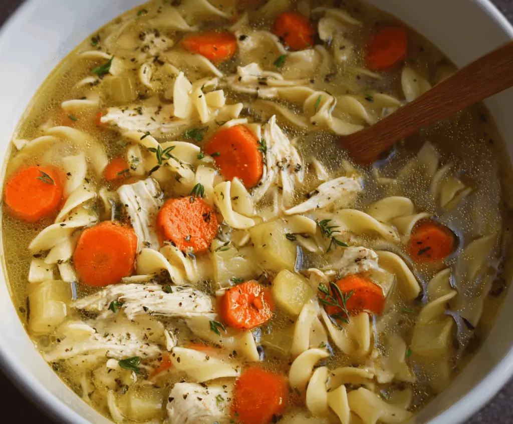 A bowl of steaming slow cooker chicken noodle soup with tender chicken, vegetables, and noodles garnished with fresh herbs, perfect for a comforting meal.
