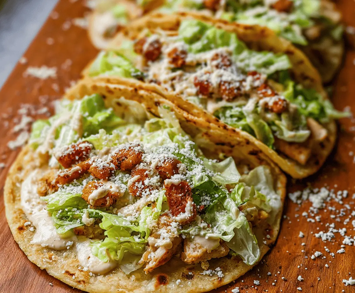 Delicious Smash Chicken Caesar Tacos topped with romaine lettuce, grated Parmesan, and creamy Caesar dressing on soft tortillas