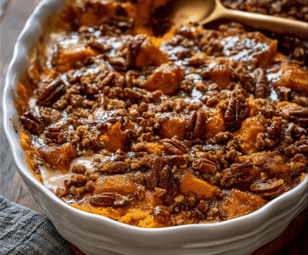 Creamy Southern Maple Sweet Potato Casserole topped with marshmallows and pecans, perfect for holiday dinners