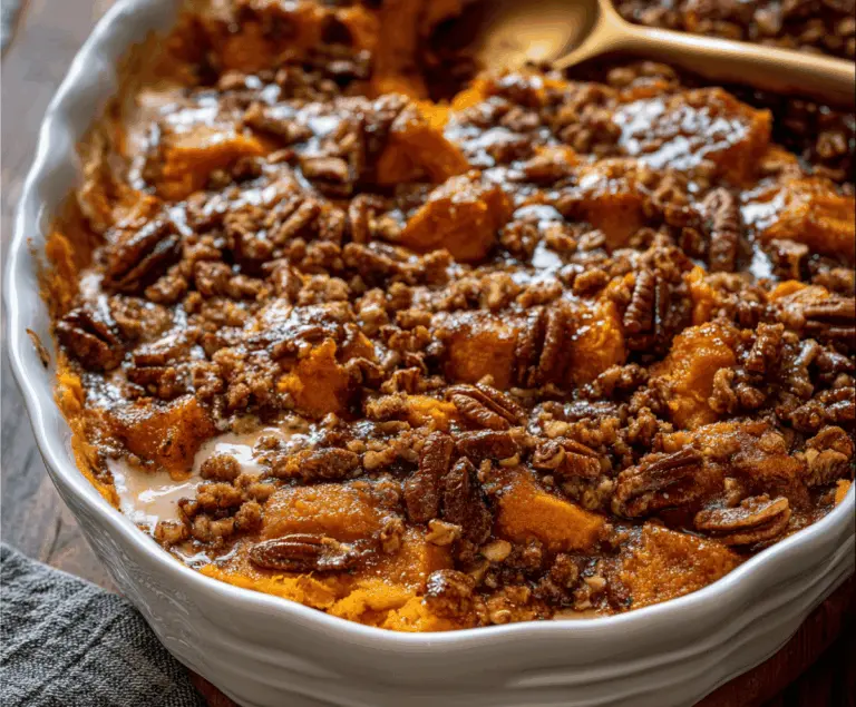 Creamy Southern Maple Sweet Potato Casserole topped with marshmallows and pecans, perfect for holiday dinners