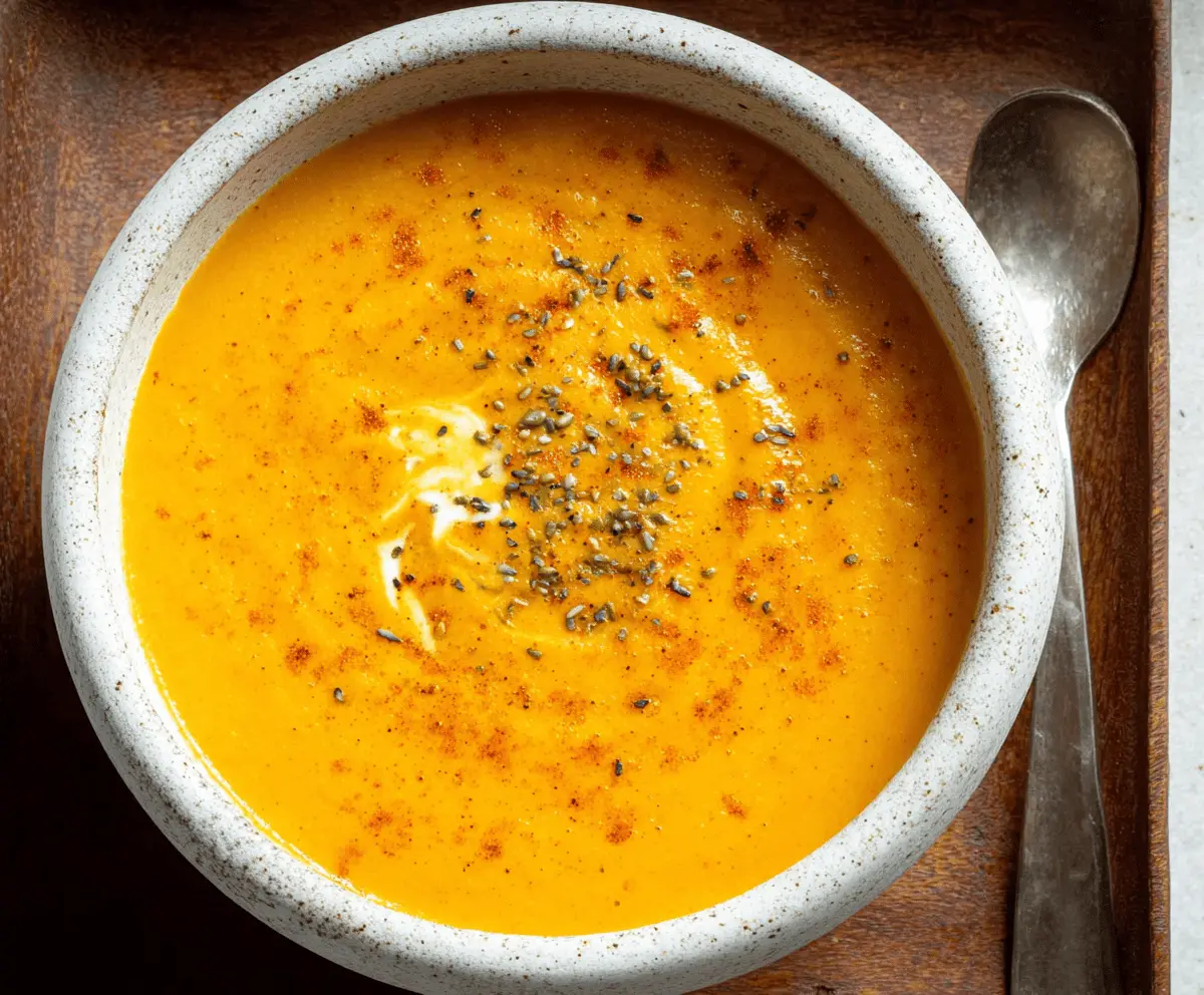 A bowl of vibrant Spiced Carrot Ginger Soup garnished with fresh herbs and a dollop of cream, served with crusty bread on the side.