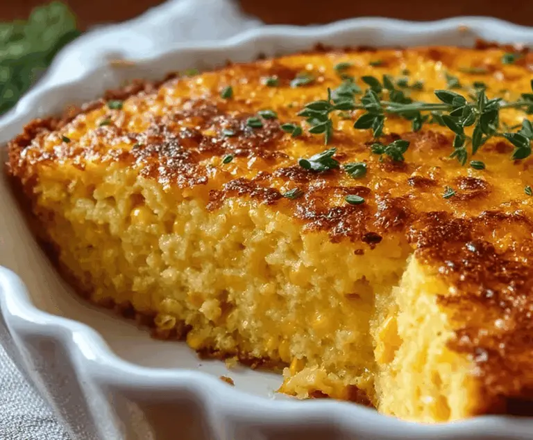 Delicious Sweet Honey-Glazed Corn Casserole served on a dish with fresh herbs.