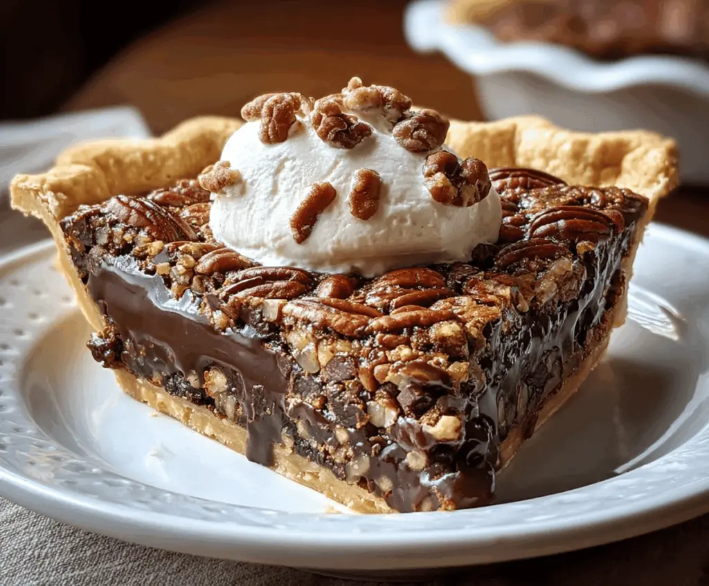 Delicious Texas Chocolate Pecan Pie with rich chocolate and crunchy pecans topped with whipped cream.