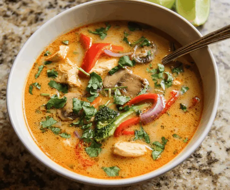 A steaming bowl of Thai Chicken Soup garnished with fresh herbs, lime, and vegetables, showcasing vibrant colors and flavorful ingredients.
