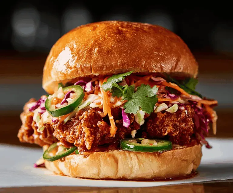 Delicious Thai fried chicken sandwich with crispy breaded chicken, fresh lettuce, and spicy Thai sauce on a toasted bun