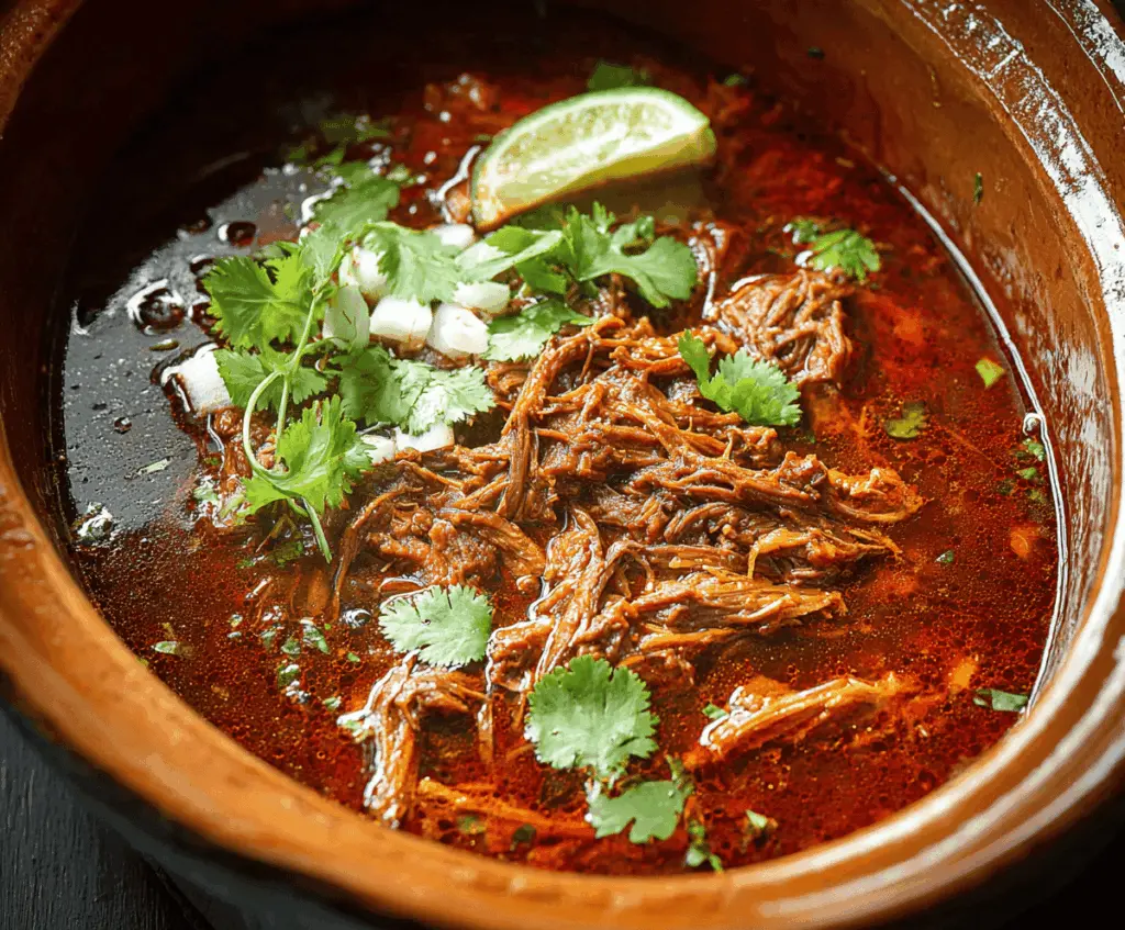 Delicious Mexican Birria served in a Crockpot with tender meat, fresh herbs, and vibrant garnishes, perfect for dipping and flavorful eating.
