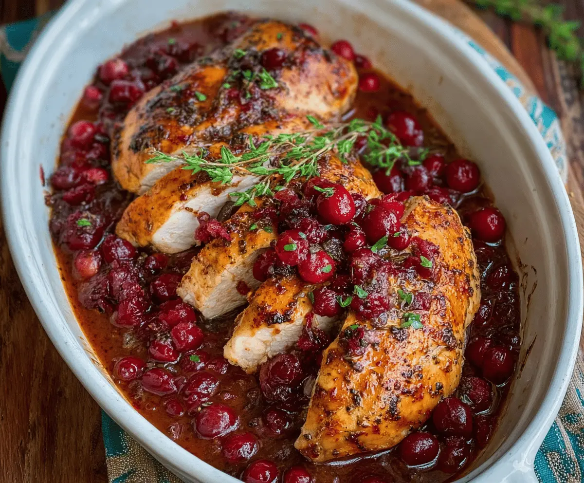 Juicy roasted turkey breast topped with vibrant cranberry orange sauce, served on a white plate for a festive holiday meal