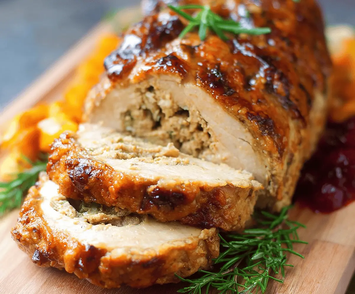 Delicious vegan turkey roast on a serving platter, perfect for holiday dinners and plant-based celebrations.