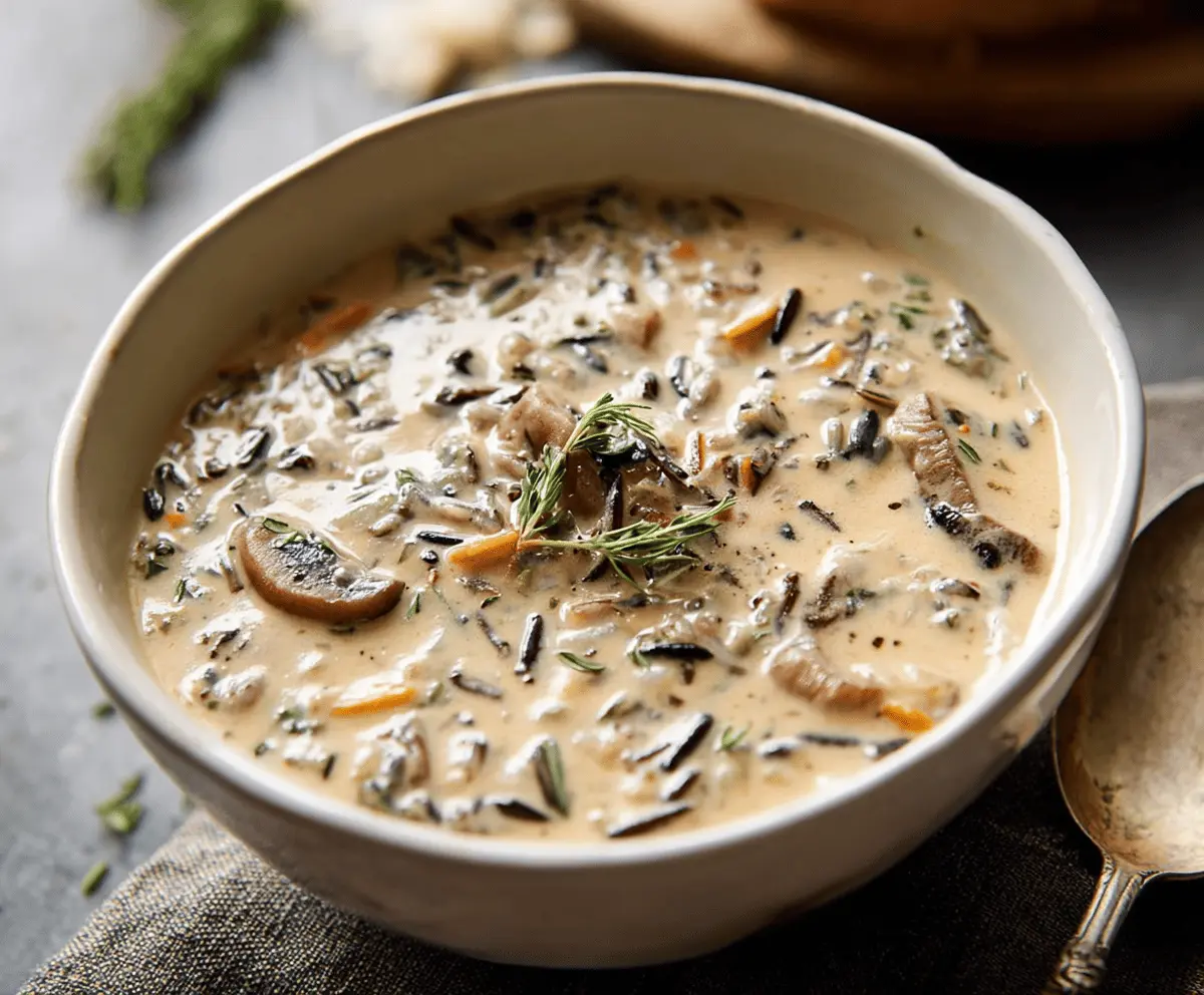 Creamy wild rice mushroom soup served in a bowl topped with fresh herbs and sautéed mushrooms, perfect for a cozy meal.