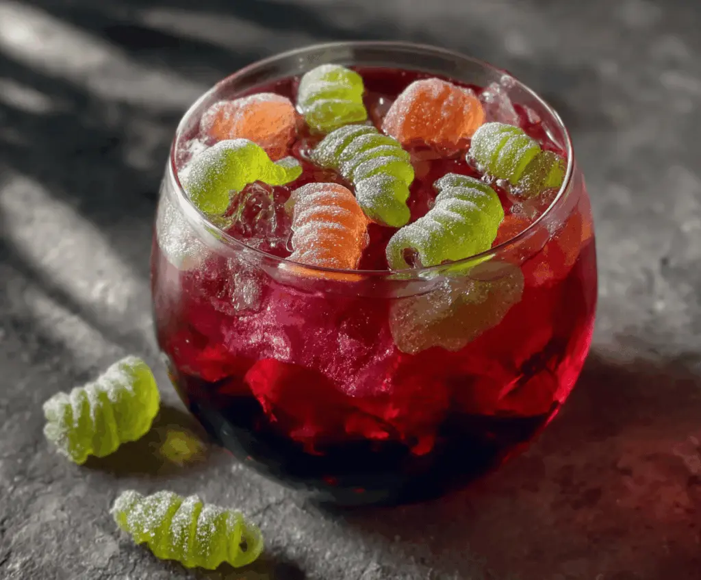 Colorful witch’s potion punch in a spooky cauldron with glowing ice cubes, garnished with creepy candy eyes and eerie dry ice fog for a festive Halloween drink