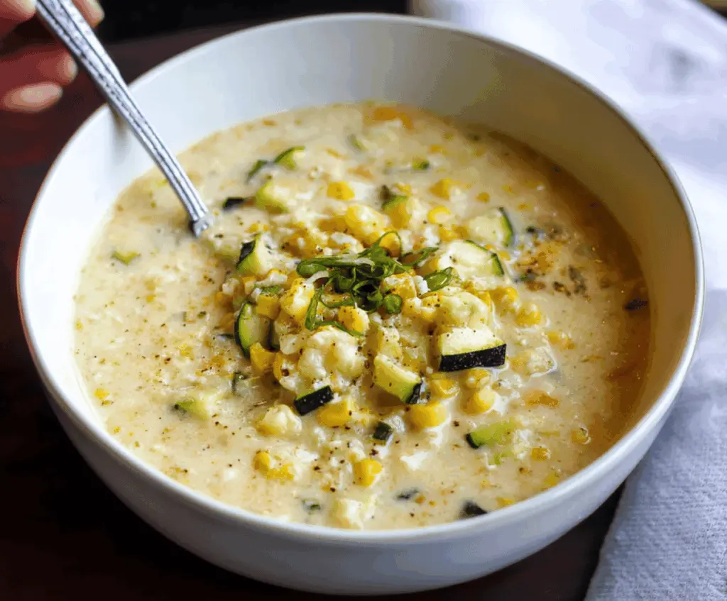 Creamy zucchini and corn chowder served in a bowl, garnished with fresh herbs, perfect for a comforting summer meal.