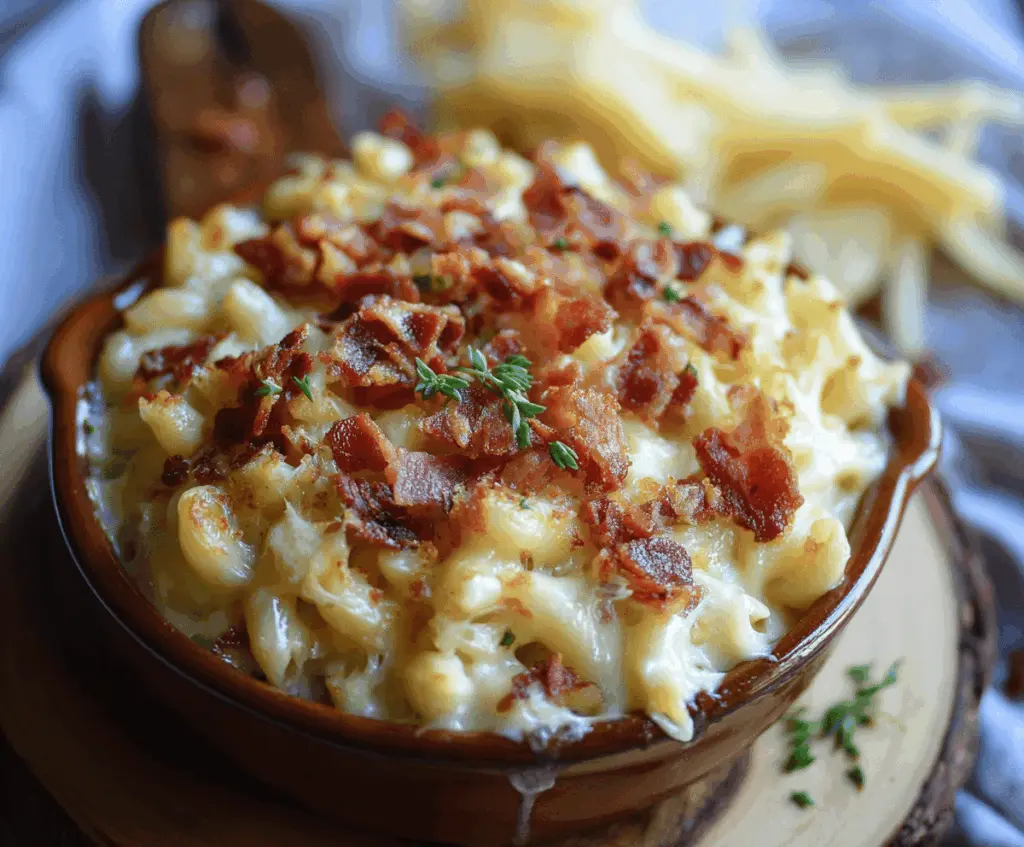 Delicious creamy bacon mac and cheese served in a bowl with crispy bacon pieces.