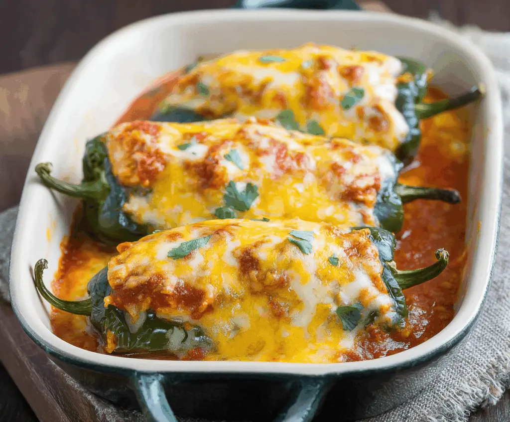 Delicious baked chicken chili relleno with melted cheese and fresh toppings on a plate.