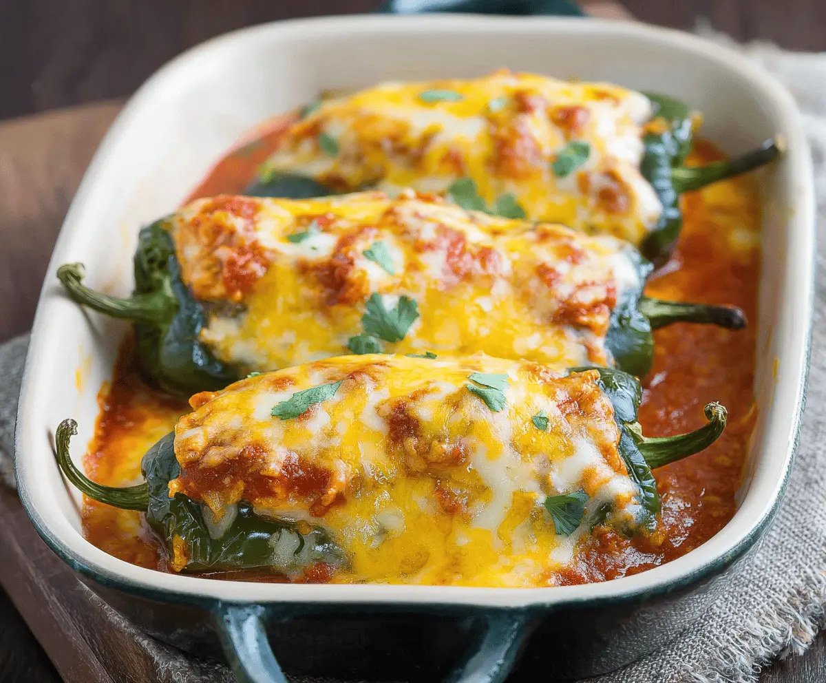 Delicious baked chicken chili relleno with melted cheese and fresh toppings on a plate.