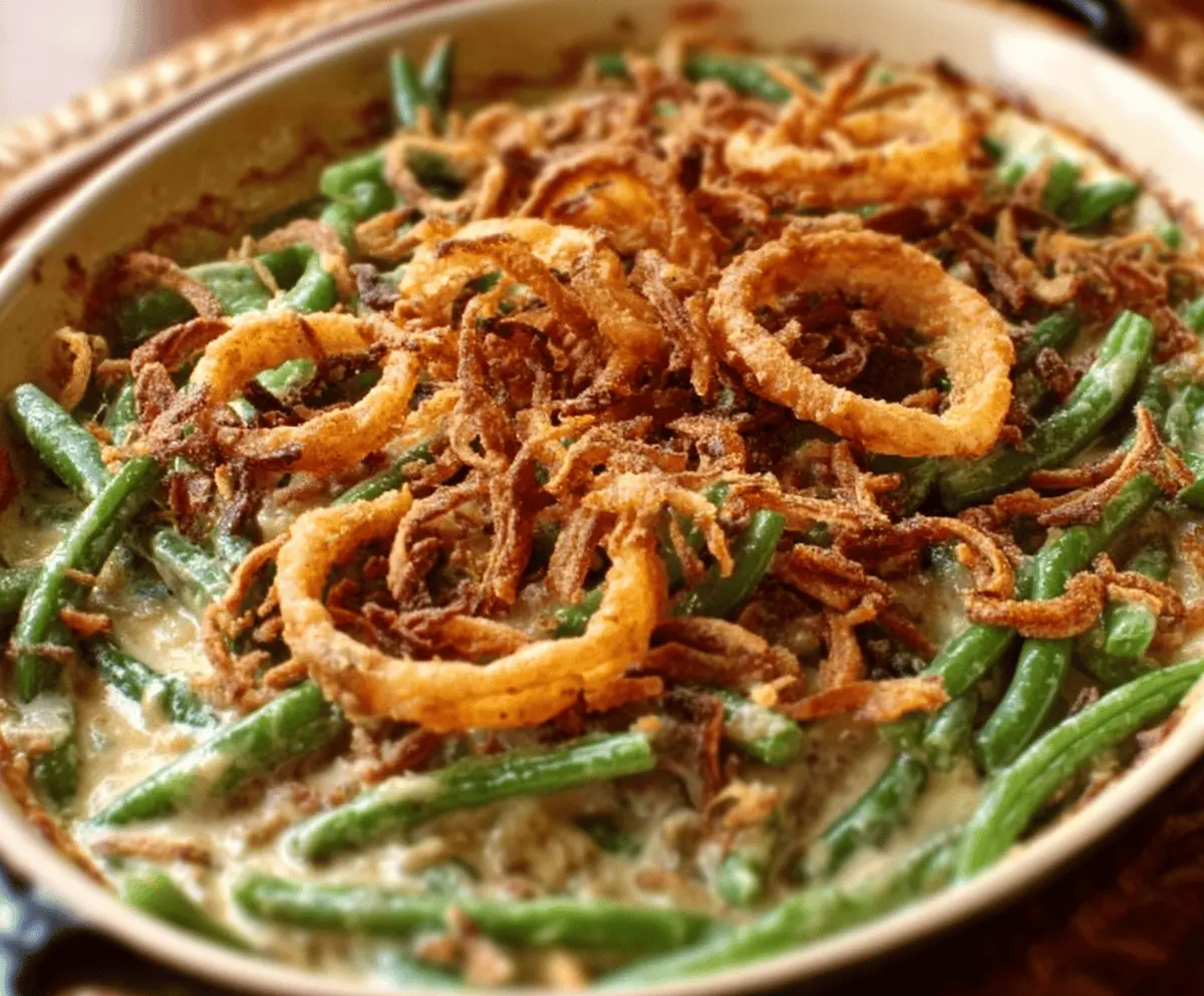 Delicious Green Bean Casserole by Barefoot Contessa with crispy toppings and vibrant green beans.