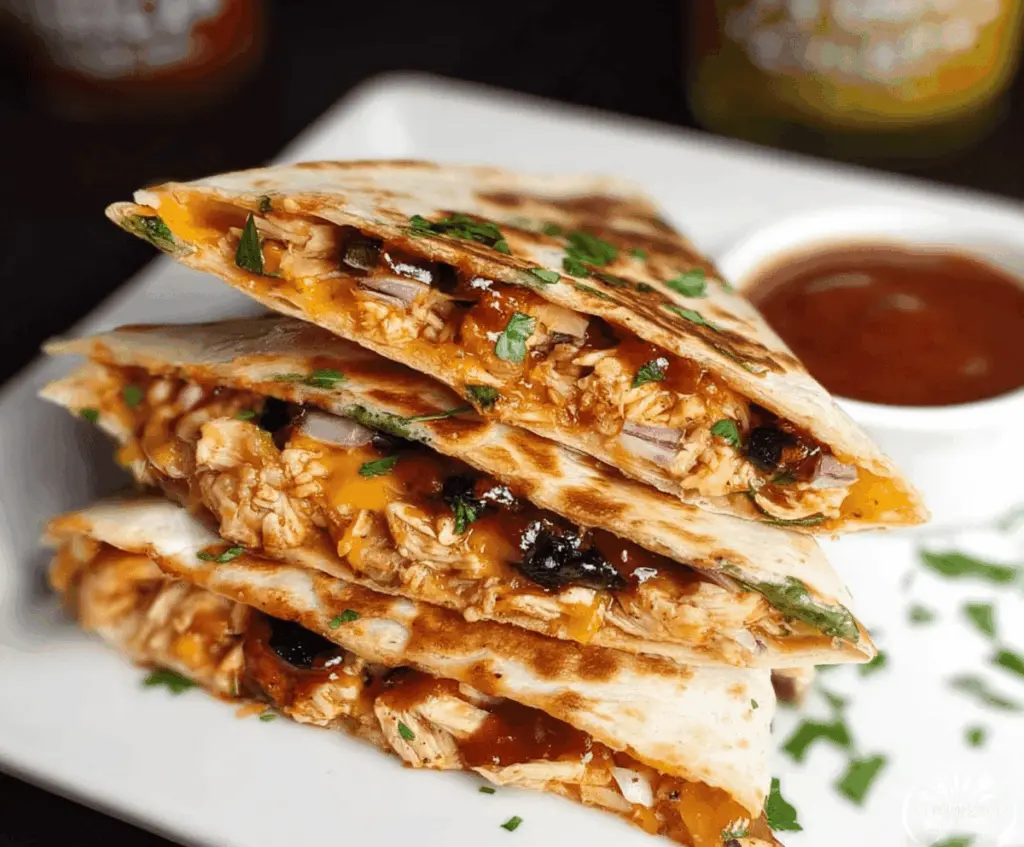 Delicious BBQ Chicken Quesadilla with melted cheese and crispy tortilla, perfect for a savory snack or meal.