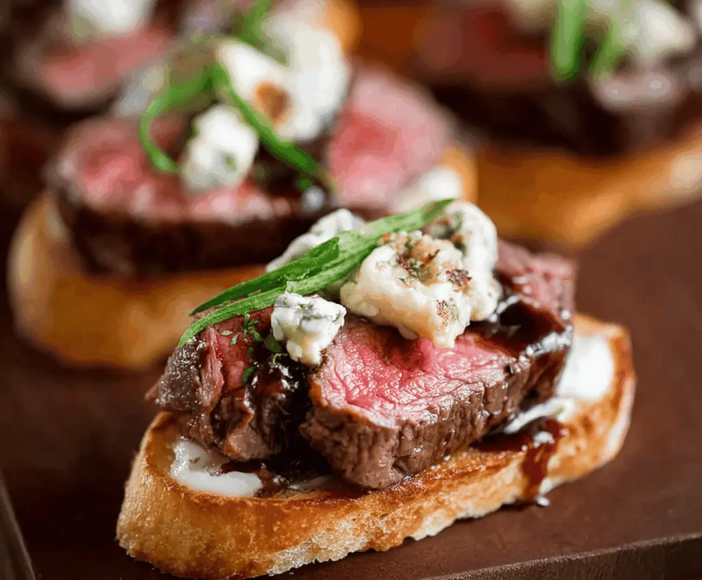 Delicious Beef Tenderloin Gorgonzola Crostini served on a wooden platter with garnishes