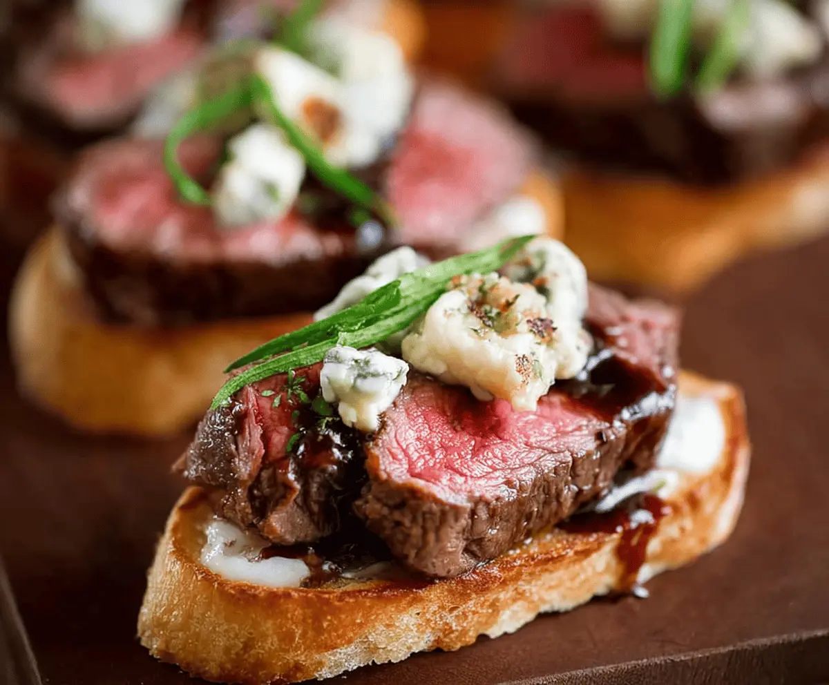 Delicious Beef Tenderloin Gorgonzola Crostini served on a wooden platter with garnishes