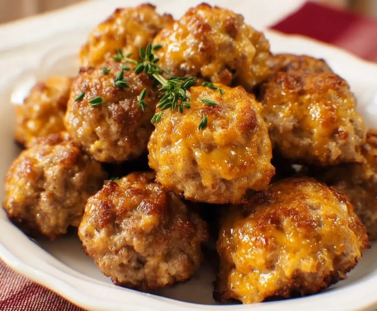 Golden Bisquick sausage balls topped with melted cheese and fresh herbs, perfect for breakfast or appetizers.
