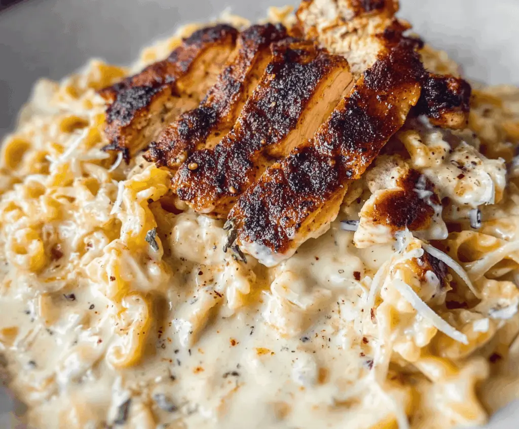 Delicious Blackened Cajun Chicken Alfredo with creamy sauce and perfectly seasoned chicken slices