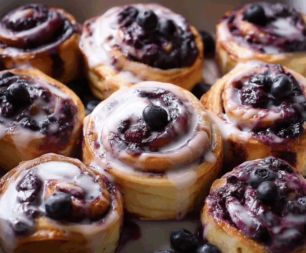 Delicious blueberry cinnamon rolls topped with icing, perfect for breakfast or brunch.