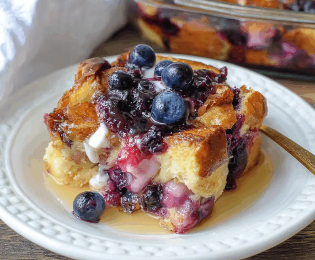 Delicious Blueberry French Toast Casserole topped with fresh blueberries and powdered sugar.