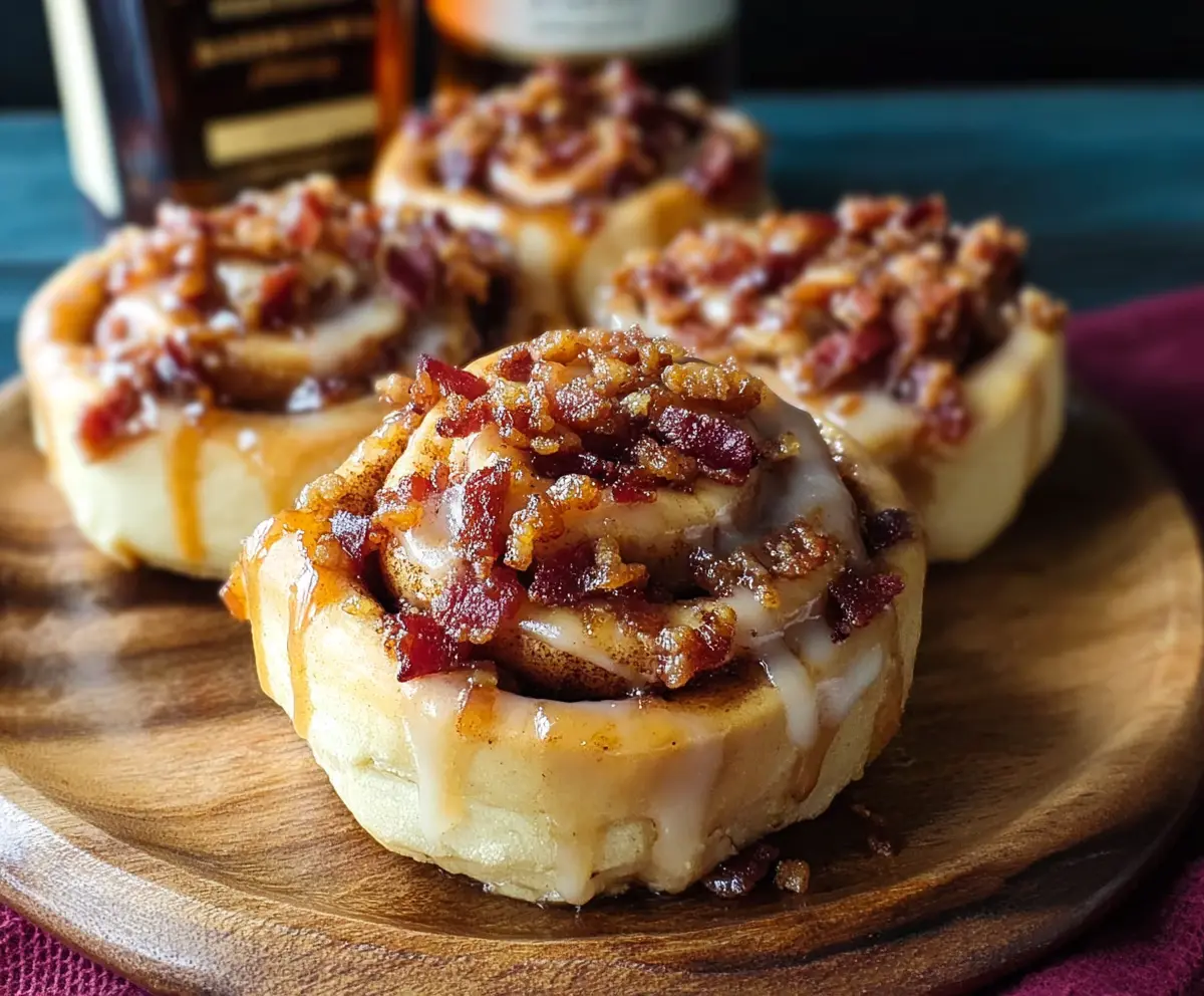 Delicious Bourbon Maple Bacon Cinnamon Rolls topped with icing and walnuts