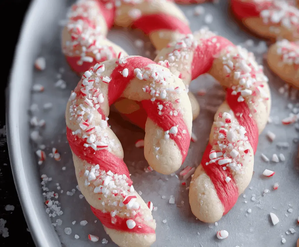 Delicious candy cane cookies decorated with festive red and white peppermint swirls.
